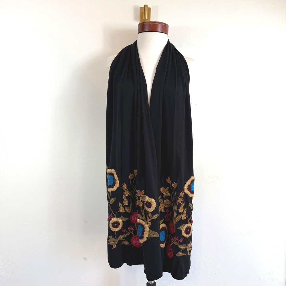 Caite Embroidered Floral Wrap Scarf Shawl Black Boho Cottagecore Artisan OS